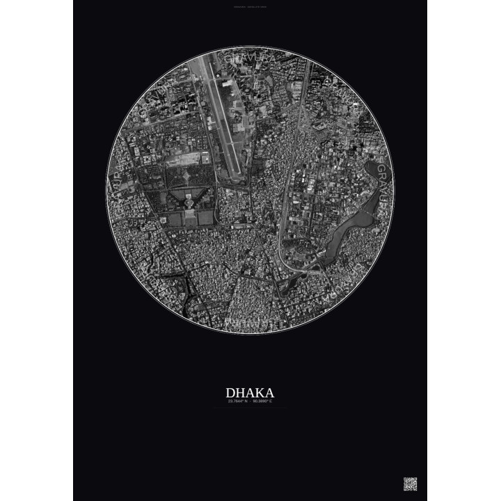Affiche Dhaka – Poster vue satellite 2.5km N&B | Gravura – Fond foncé