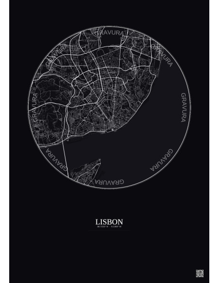 Affiche Lisbon – Poster carte de ville 6km | Gravura – Fond foncé