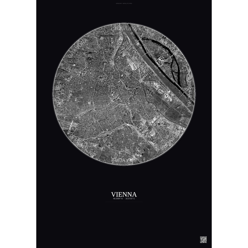 Affiche Vienna – Poster vue satellite 6km N&B | Gravura – Fond foncé