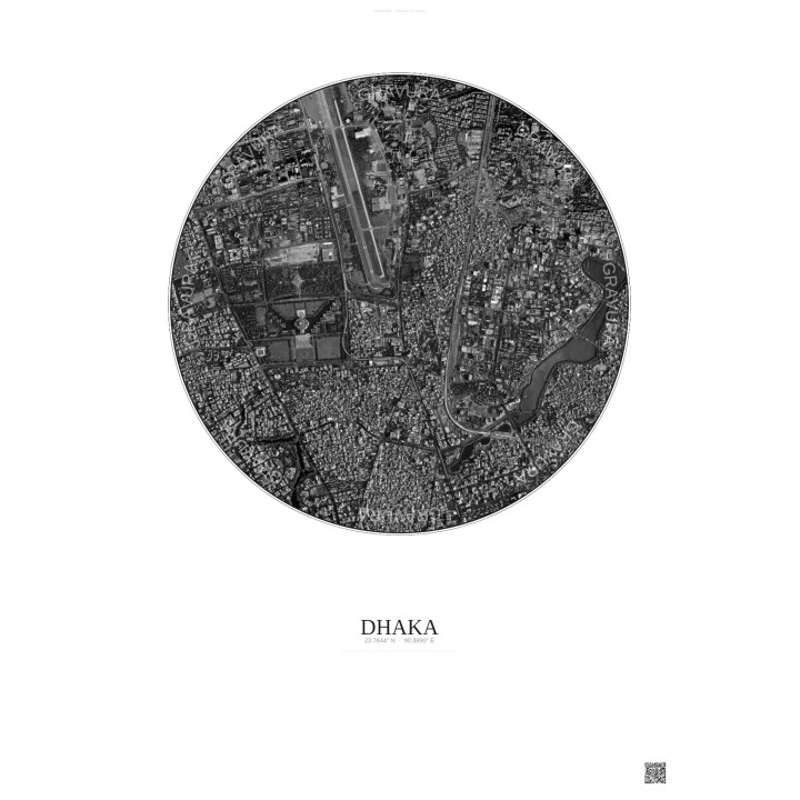 Affiche Dhaka – Poster vue satellite 2.5km N&B | Gravura – Fond clair