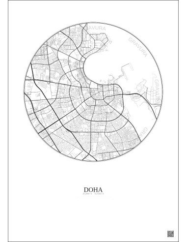 Affiche Doha – Poster carte de ville 6km | Gravura – Fond clair