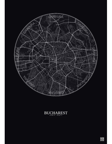 Affiche Bucharest – Poster carte de ville 6km | Gravura – Fond foncé