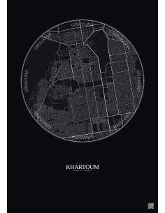 Affiche Khartoum – Poster carte de ville 6km | Gravura – Fond foncé