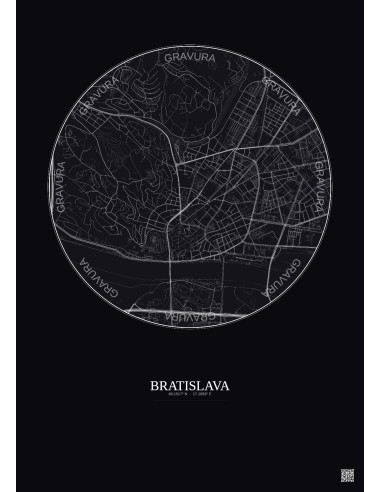 Affiche Bratislava – Poster carte de ville 2.5km | Gravura – Fond foncé