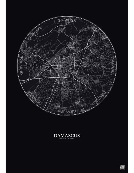 Damascus City Map Poster 10km | Gravura – Dark background
