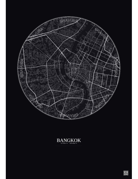 Affiche Bangkok – Poster carte de ville 6km | Gravura – Fond foncé