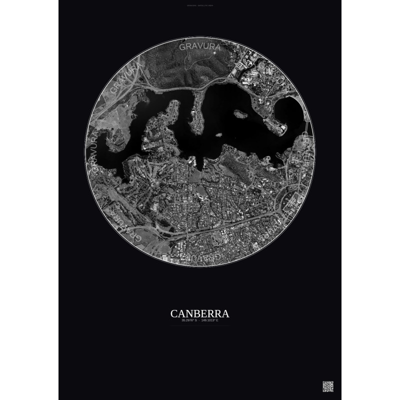 Affiche Canberra – Poster vue satellite 2.5km N&B | Gravura – Fond foncé