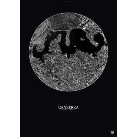 Affiche Canberra – Poster vue satellite 2.5km N&B | Gravura – Fond foncé