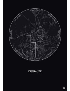 Affiche Dushanbe – Poster carte de ville 10km | Gravura – Fond foncé