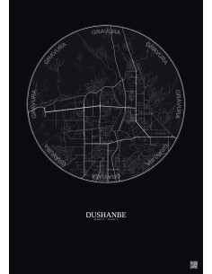 Affiche Dushanbe – Poster carte de ville 6km | Gravura – Fond foncé
