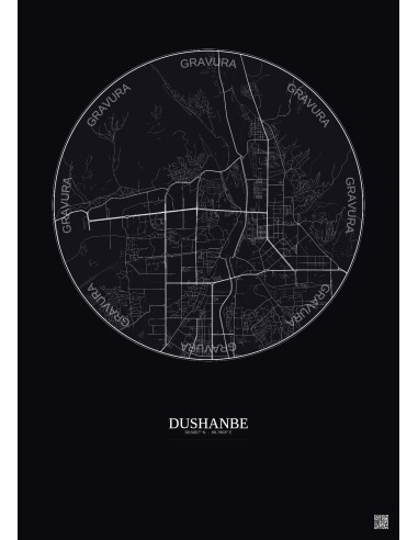 Affiche Dushanbe – Poster carte de ville 6km | Gravura – Fond foncé