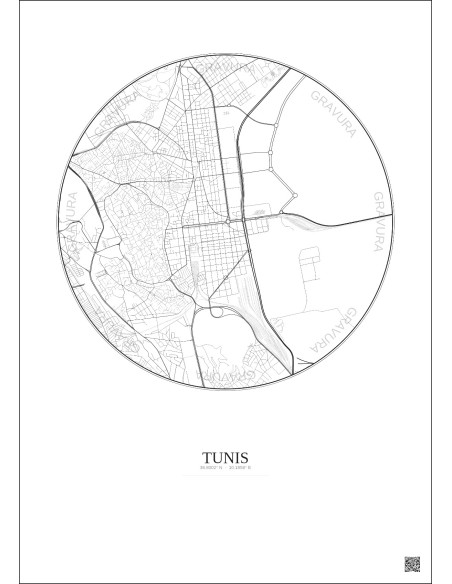 Affiche Tunis – Poster carte de ville 2.5km | Gravura – Fond clair