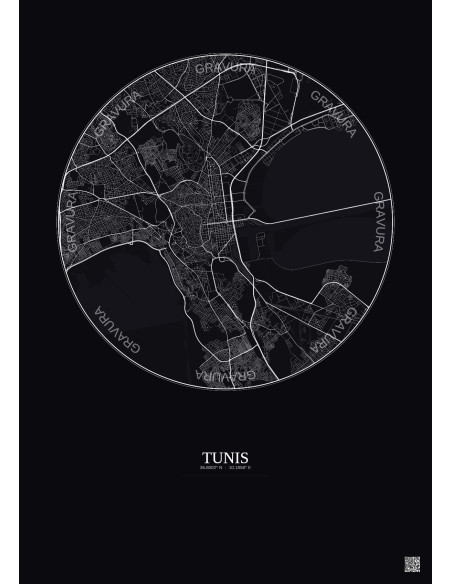Affiche Tunis – Poster carte de ville 6km | Gravura – Fond foncé