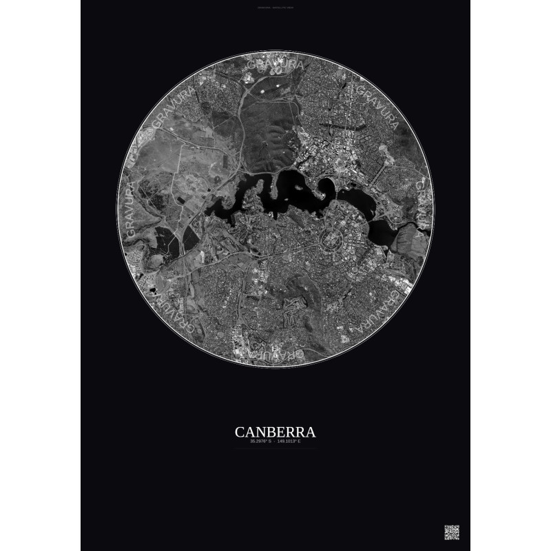 Affiche Canberra – Poster vue satellite 6km N&B | Gravura – Fond foncé