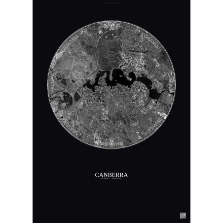 Affiche Canberra – Poster vue satellite 6km N&B | Gravura – Fond foncé