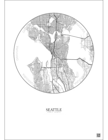 Seattle City Map Poster 10km | Gravura – Light background