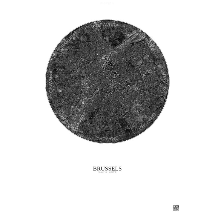 Affiche Brussels – Poster vue satellite 6km N&B | Gravura – Fond clair
