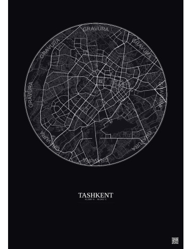 Affiche Tashkent – Poster carte de ville 10km | Gravura – Fond foncé