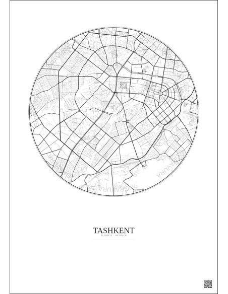 Affiche Tashkent – Poster carte de ville 6km | Gravura – Fond clair