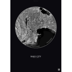 Affiche Baku City – Poster vue satellite 10km N&B | Gravura – Fond foncé