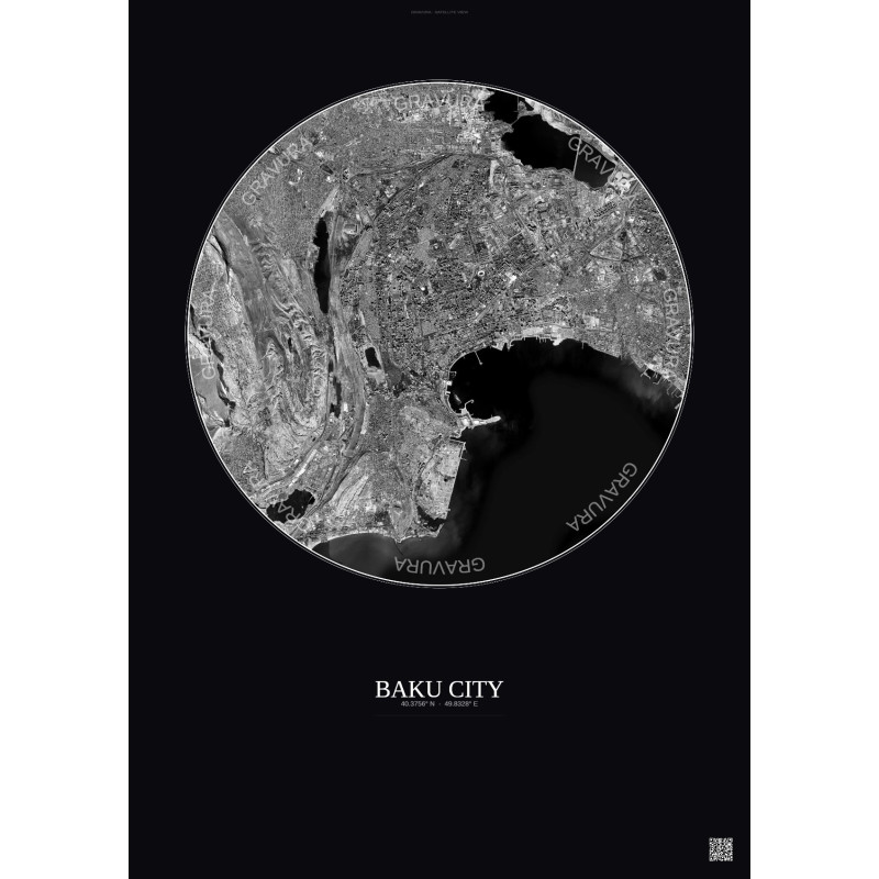 Affiche Baku City – Poster vue satellite 10km N&B | Gravura – Fond foncé
