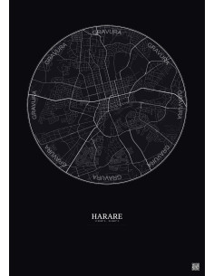 Affiche Harare – Poster carte de ville 6km | Gravura – Fond foncé