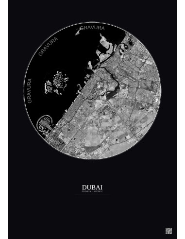 Affiche Dubai – Poster vue satellite 20km N&B | Gravura – Fond foncé