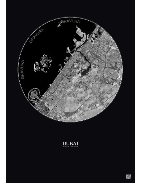 Affiche Dubai – Poster vue satellite 20km N&B | Gravura – Fond foncé