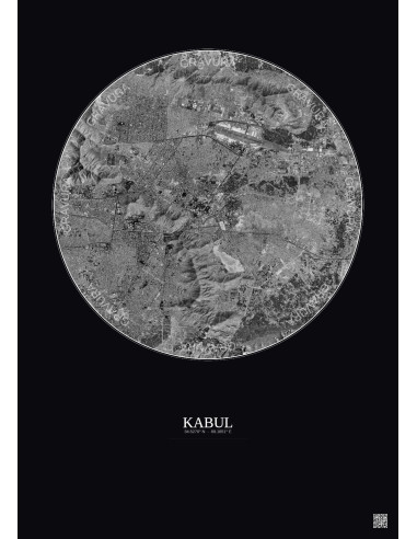 Affiche Kabul – Poster vue satellite 10km N&B | Gravura – Fond foncé