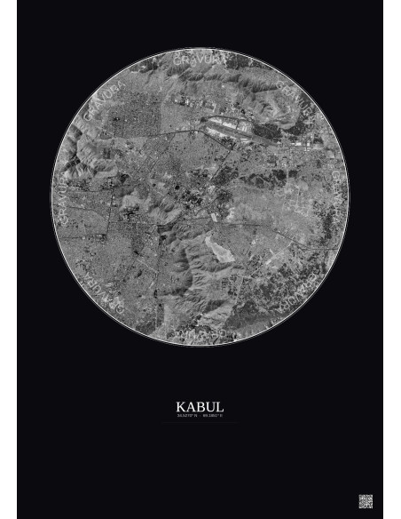 Affiche Kabul – Poster vue satellite 10km N&B | Gravura – Fond foncé