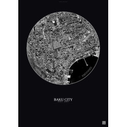 Affiche Baku City – Poster vue satellite 2.5km N&B | Gravura – Fond foncé