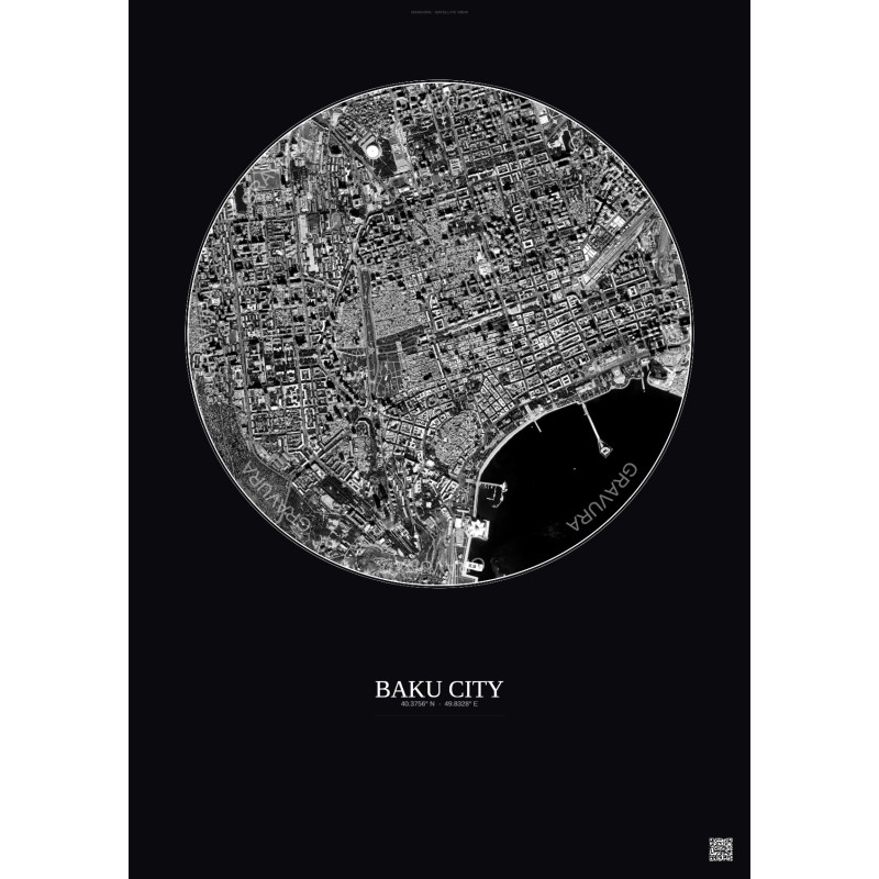 Affiche Baku City – Poster vue satellite 2.5km N&B | Gravura – Fond foncé