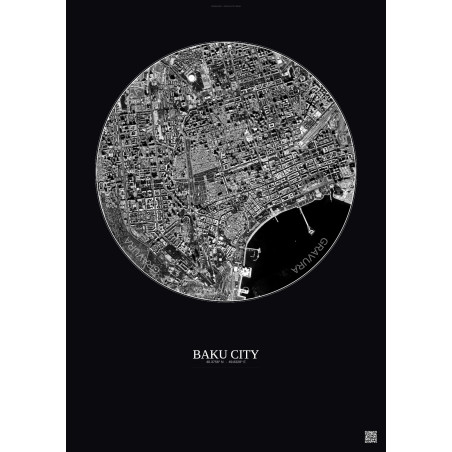 Affiche Baku City – Poster vue satellite 2.5km N&B | Gravura – Fond foncé