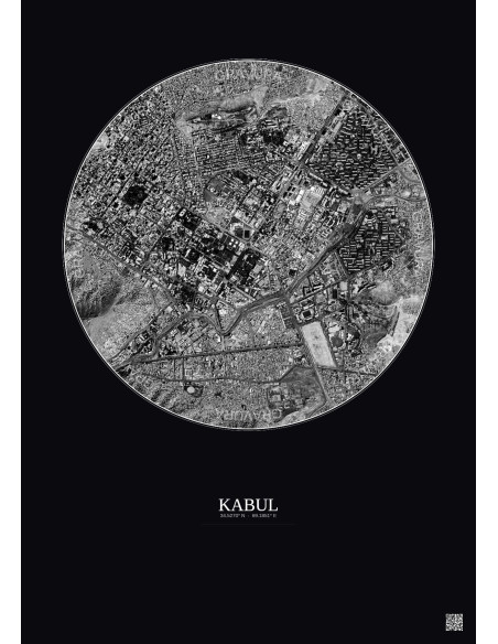 Affiche Kabul – Poster vue satellite 2.5km N&B | Gravura – Fond foncé