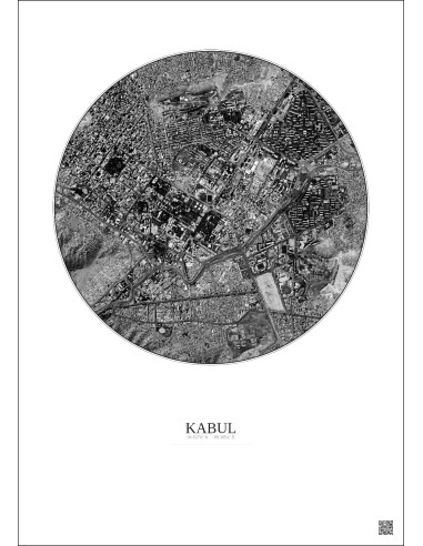 Affiche Kabul – Poster vue satellite 2.5km N&B | Gravura – Fond clair