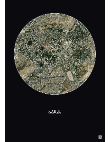 Affiche Kabul – Poster vue satellite 2.5km Couleur | Gravura – Fond foncé
