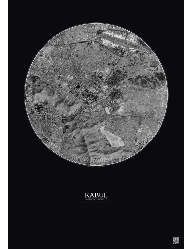 Affiche Kabul – Poster vue satellite 6km N&B | Gravura – Fond foncé