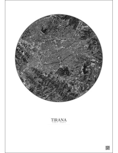 Affiche Tirana – Poster vue satellite 6km N&B | Gravura – Fond clair