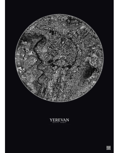 Affiche Yerevan – Poster vue satellite 2.5km N&B | Gravura – Fond foncé