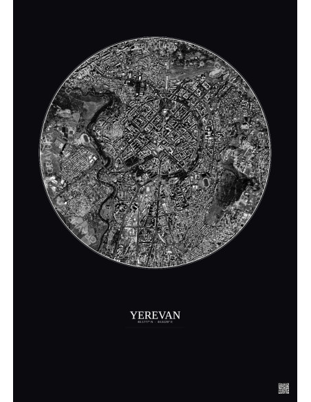 Affiche Yerevan – Poster vue satellite 2.5km N&B | Gravura – Fond foncé