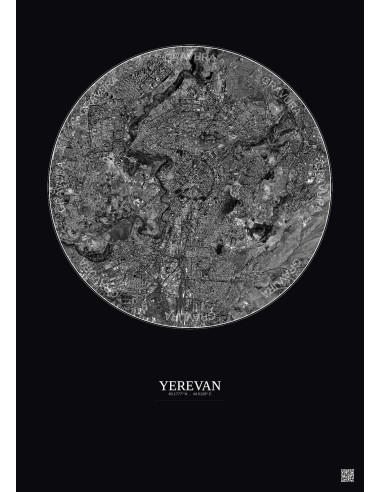 Affiche Yerevan – Poster vue satellite 6km N&B | Gravura – Fond foncé