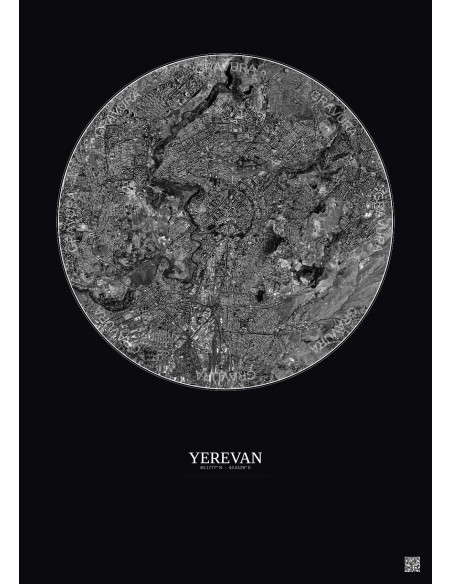 Affiche Yerevan – Poster vue satellite 6km N&B | Gravura – Fond foncé