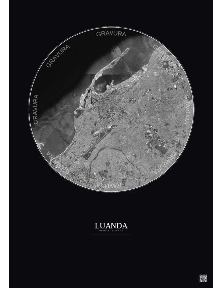 Affiche Luanda – Poster vue satellite 10km N&B | Gravura – Fond foncé