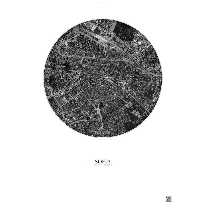 Affiche Sofia – Poster vue satellite 2.5km N&B | Gravura – Fond clair