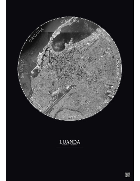 Affiche Luanda – Poster vue satellite 6km N&B | Gravura – Fond foncé