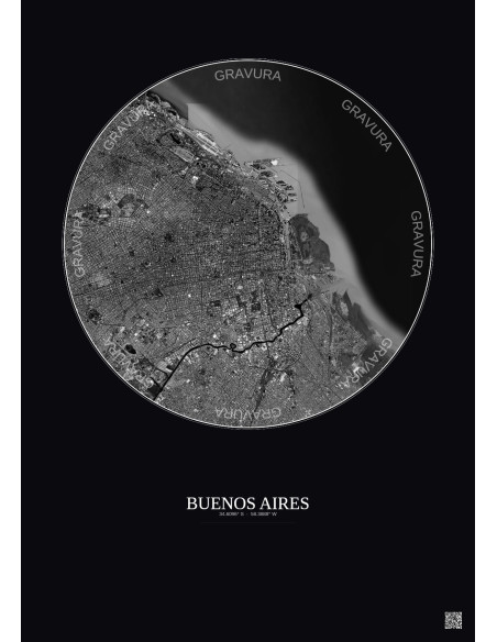 Affiche Buenos Aires – Poster vue satellite 10km N&B | Gravura – Fond foncé