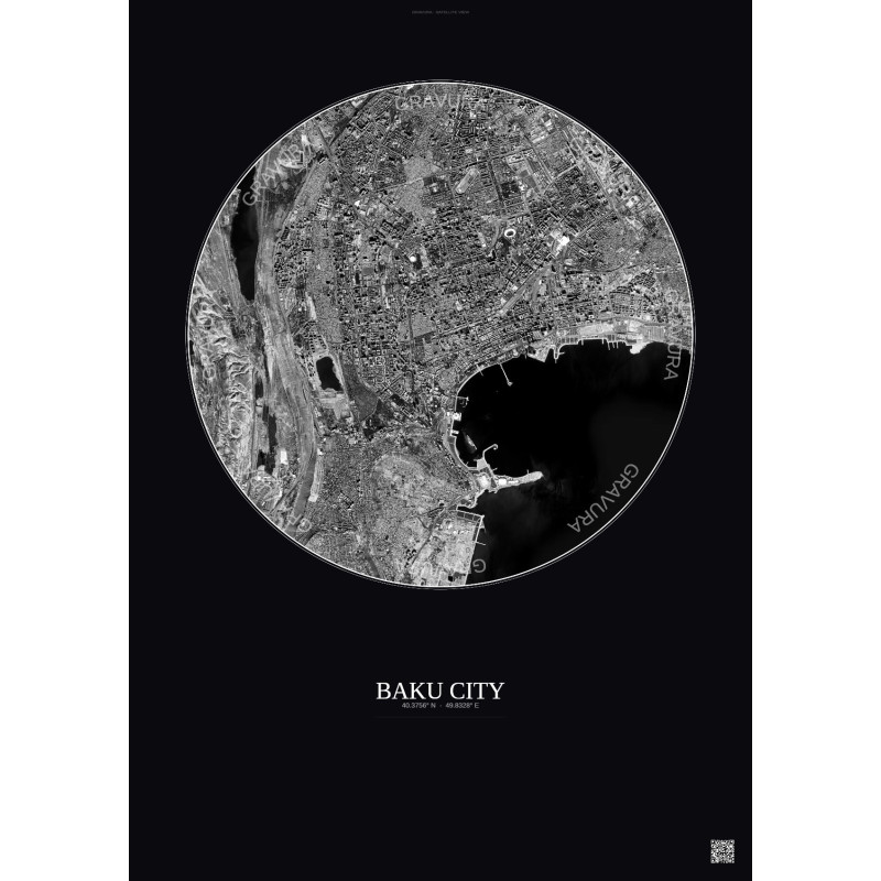 Affiche Baku City – Poster vue satellite 6km N&B | Gravura – Fond foncé