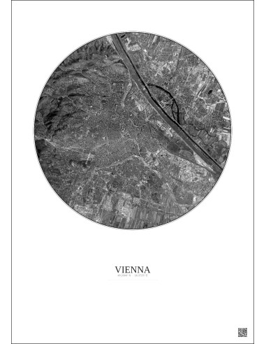 Affiche Vienna – Poster vue satellite 10km N&B | Gravura – Fond clair