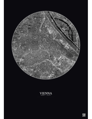 Affiche Vienna – Poster vue satellite 6km N&B | Gravura – Fond foncé