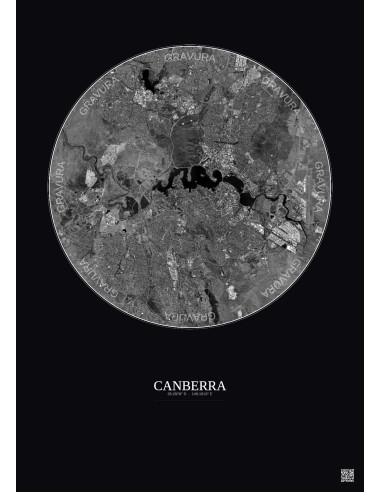 Affiche Canberra – Poster vue satellite 10km N&B | Gravura – Fond foncé